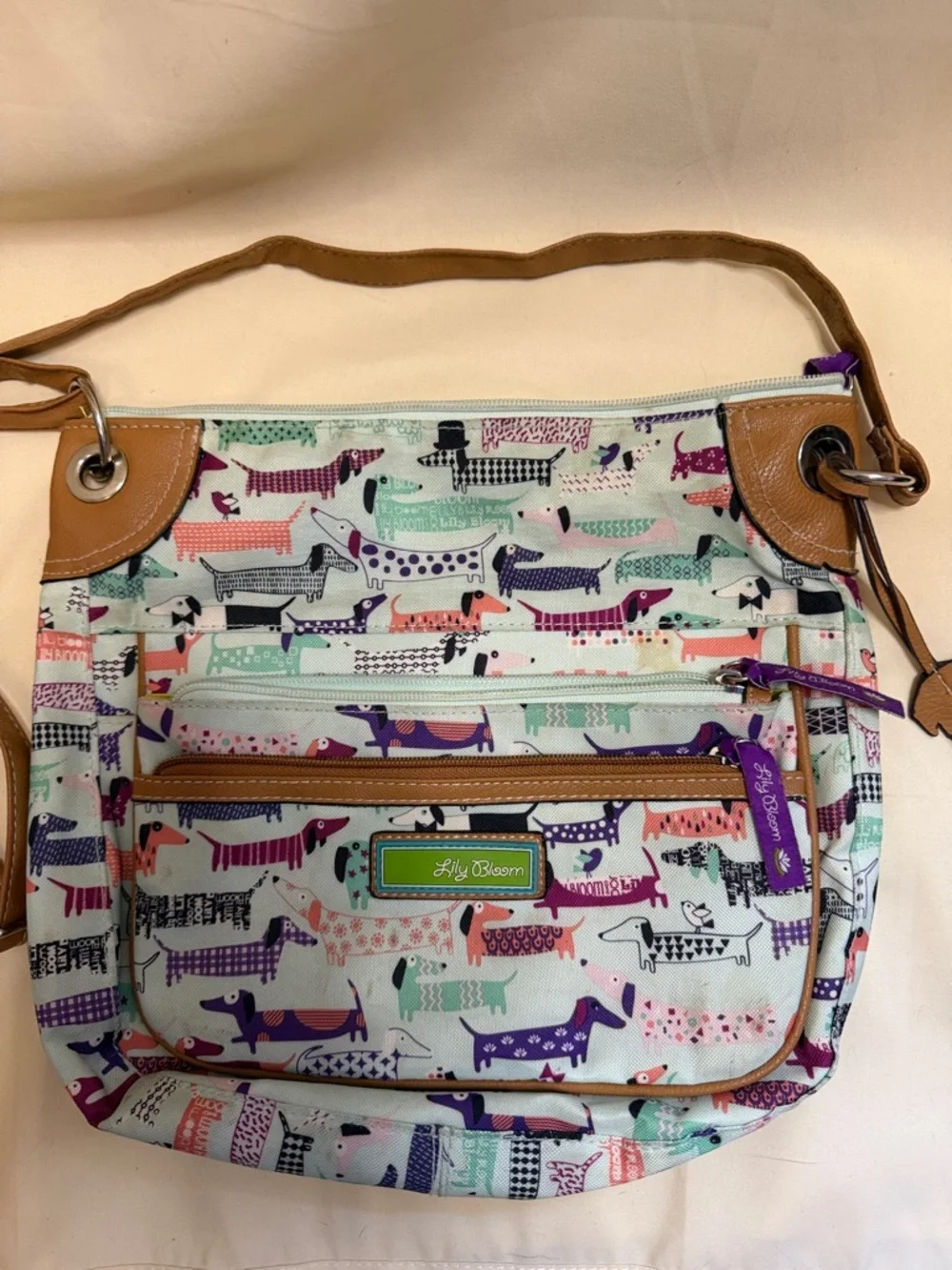 Lily Bloom Mint Crossbody Bag with Multicolor Dachshund Print - Picture 1 of 10